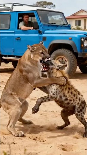 Can the hyena fight against the puma‘s attack❓ 하이에나는 퓨마의 공격에 대항할 수 있을까#wildlife #cougars #hyena