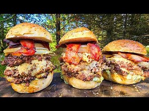 Cowboy BEEF Burgers with Cheese & Bacon | Wild Campfire Cooking ASMR
