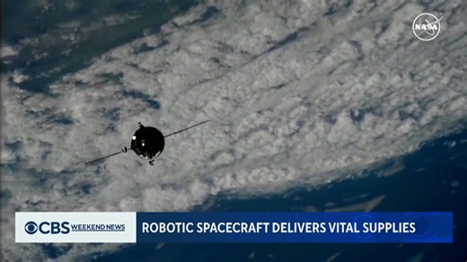 241K views · 1K reactions | An unmanned Russian spacecraft docked with the International Space Station on Saturday, delivering vital supplies, fuel and food for the crew of the orbiting station. | CBS Evening News | Facebook