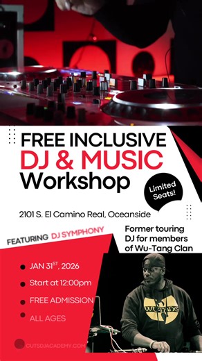 🎧 Free DJ & Beat Making Intro Session Serving Oceanside & North San Diego County Hosted by Cuts Music & DJ Academy 📍 2101 S. El Camino Real, Oceanside, CA 🗓️ Saturday, January 31st 2026 Kids & Teens (Ages 10–17): 12:00 PM – 1:00 PM Adults (18 ): 3:00 PM – 4:00 PM 🎶 A Serious Introduction to DJ & Music Training This free session is designed for individuals and families who are genuinely interested in DJing, beat making, and structured music education. Led by DJ Symphony — former touring DJ fo