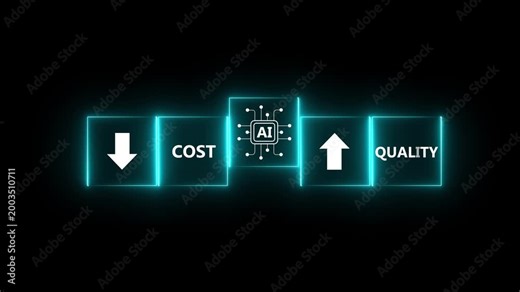 AI Driven Cost Reduction and Quality Improvement. Placing AI block between cost down and quality up. Artificial intelligence optimizing business efficiency, lowering costs, improving product quality