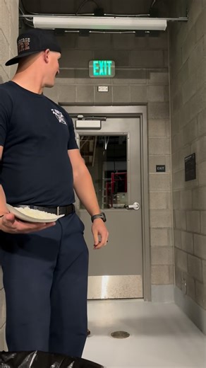 Taylor Armsworthy on Instagram: "Birthdays at the firehouse are always dangerous! Don’t worry, we spoiled him with cake, balloons, and a steak dinner before he got pie’d! #firefighter #ems #prank"