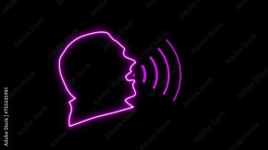 Glowing purple neon Human Talk logo sound wave voice technology outline icon design. Speaking icon on a brick wall background. Man lips with a sound wave on a black background in neon light. Stock Video