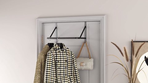 CHJgroup Over The Door Clothes Hanger Rod, Metal Over The Door Hanger for Coat, Clothes Drying Rack for Door for Laundry, Bedroom, Washroom, Fits Door Up to 1.97", Black