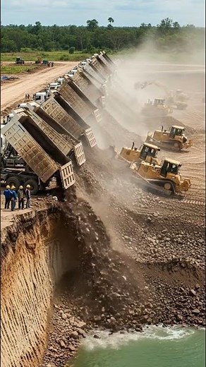 Massive Dump Truck Line Filling a Deep Excavation Pit with Bulldozers at Work