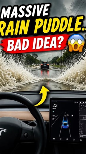 I Hit a Massive Rain Puddle… Tesla Did THIS 😳🌧️ #teslafsd #houstonfsd