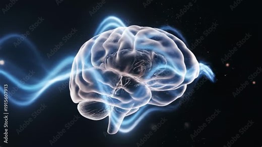 Semi-transparent human brain. Slow motion energy waves pass smoothly through a semi-transparent human brain, revealing internal structures as light ripples move through.