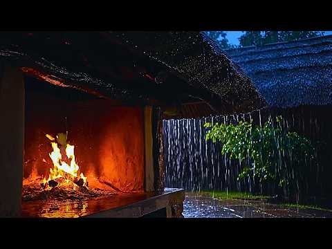 Warm Fireplace Sounds with Heavy Rain Outside | Gentle Rain Sounds for Sleeping and Relaxation