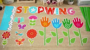 Spring Handprint Flower Bulletin Board Set Back to School Classroom Decorations Never Stop Growing Handprint Bulletin Board 3D Pompom Flower Paper Cutouts for School Home Chalkboard Wall Decor