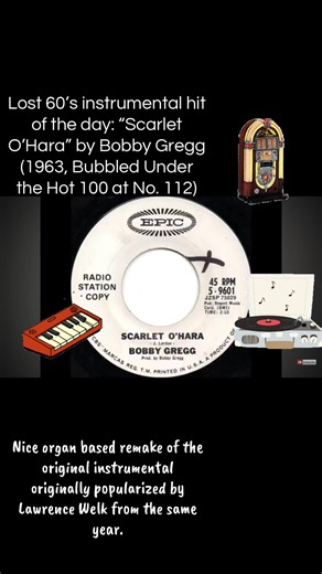 Lost 60’s instrumental hit of the day: “Scarlet O’Hara” by Bobby Gregg (1963, Bubbled Under the Billboard Hot 100 at No. 112) Originally popularized by Lawrence Welk. Named after a character from, “Gone With the Wind”. #bobbygregg #scarletohara #lawrencewelk #60smusic #instrumental