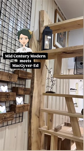 Mid Century Modern meets MacGyvered. Adaptation and innovation is the key to survival, cool decor ... and furniture. . Garth crafted an 11 foot Cottonwood shelving unit slash dramatic divider by the front entrance of the store. Needed a spot to display art prints that are for sale. Wire racking meet a steal of a deal in wooden boxes from Super Store. Bent roofing H Clips & bolts allowed them to pop off and on the wire racking. Final step was to burn on our logo. DIY Project complete. . FYI we wi