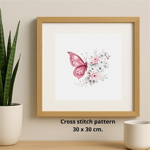 Butterfly Cross Stitch Pattern, Pink Floral Design, Delicate Romantic Embroidery Art, Soft Feminine Decor PDF - Etsy