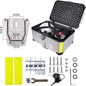 VCOROS Motorcycle Top Case Box Motorcycle Trunk 65L Waterproof Aluminum Alloy Motorcycle Tail Box Universal Monokey Plate, Outback Storage Tail Box (Silver, 60 liter)