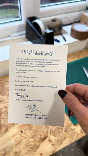 Story card and care for your linen cards. A new thing I am adding into my boxes so you can love you linens for a long time ❤️