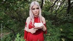 Beautiful elf girl in the garden. She looks fearfully in front of her.