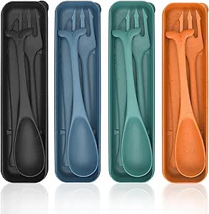 Reusable Camping Utensil Set, 4 Pack Fish Shaped Travel Utensils With Case, Plastic Reusable Silverware Travel Cutlery Set for Picnic Outdoor Use(4 colors, Dark)