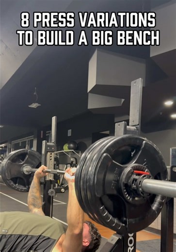 8 Press Variations to Build a Big Bench 🏋️ 💥 Pin Press 💥 Weighted Dips 💥 Floor Bench Press 💥 Push Press 💥 Close Grip Bench Press 💥 Overhead Press 💥 Seated Press 💥 Incline Bench Press I typically use 4 of these variations during a training block, sets are at 3-4 for 2-8 reps. #explore #fyp #fitness #motivation #trending