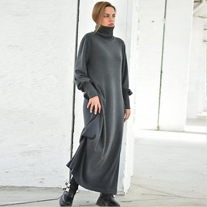 Winter Turtleneck Dress, Loose Maxi Sweater Dress, Wool Sweater Turtleneck Dress, Quiet Luxury Clothing, Gray Long Knit Dress - Etsy