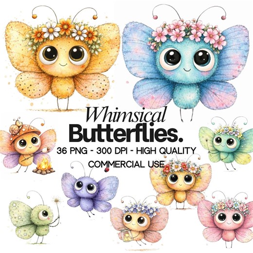 Cartoon Butterfly PNG Flower Clipart: Blue Purple Yellow Graphics - (digital Download - 36 Pngs) - Etsy