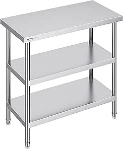VEVOR Stainless Steel Food Prep Table, 18 x 36 x 34 Inch Commercial Kitchen Worktable, with 2 Adjustable Undershelf, Heavy Duty Prep Metal Work Table for BBQ, Kitchen, Home, and Garage