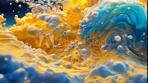 Translucent 3D foam and fluid clouds in yellow, resembling ocean waves. Iridescent bubbles stretch into the horizon. Volumetric lighting offers a distinct visual experience with octane rendering.