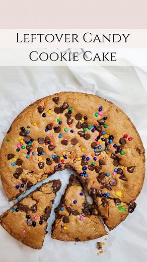 The perfect cookie cake using leftover chocolate candy. It's everything you love about a chocolate chip cookie, but in cake form. (And a great way to repurpose Halloween chocolate!) But is great for traditional chocolate chips too! Ingredients: 1 stick room temperature butter 2/3 cup brown sugar 1/3 cup granulated sugar 2 eggs 1 1/2 tsp vanilla 2 cups AP flour 1 tsp salt 3/4 tsp baking soda 1 cup chopped Halloween chocolate candy, plus chocolate chips and candy Sprinkles for on top Preheat oven 