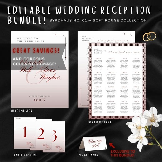 Editable Wedding Reception Bundle | Modern Romantic Red Wedding Stationery | Soft Rouge Collection - Etsy