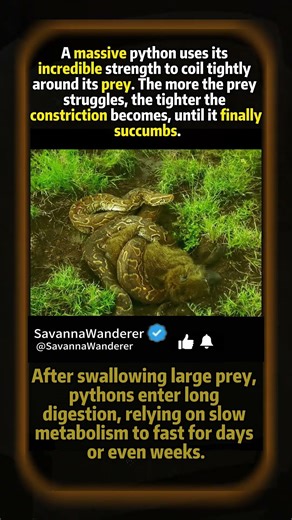 After swallowing prey, the python fasts for days while digesting.#PythonPredation #Wildlife