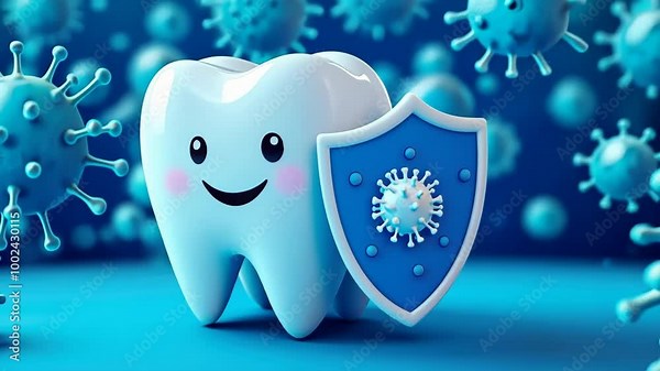 Happy cartoon tooth hero with shield protecting against germs. Kids dental care concept.