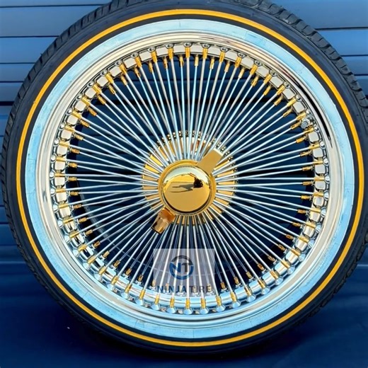 20x8 FWD Wire Wheels – 150 Spoke Chrome (Gold Hub & Knock-Off) + Vogue Tires 245/40R20