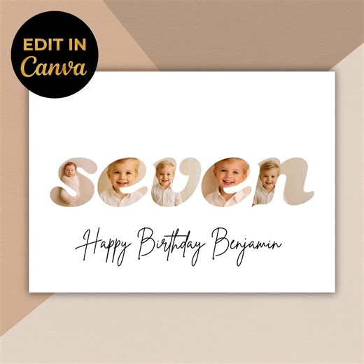 Editable Seventh Birthday Card Personalized 7th Photo Greeting Card Canva Template 5x7 Happy Birthday Seven Year Old Digital DIY Template - Etsy