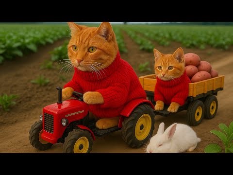 🚜 Cats Driving Tractor with Rabbit 🐇 | Funny Animal Farming Adventure