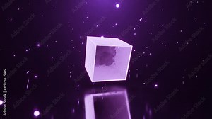 seamless loop ice cube rotation against the background of snowflakes. Purple ice cube with reflection in the floor