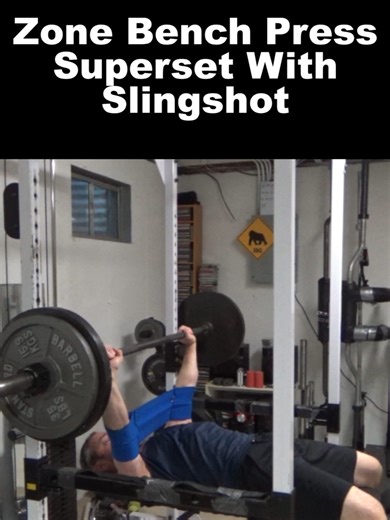 Zone Training Superset for Bench Press using the Slingshot (from @marksmellybell). This is a great piece of training equipment and a very effective use for it here. I posted a version of this technique prior using bands (going to reverse band bench press after getting close to failure on full range bench press) and had a few people ask