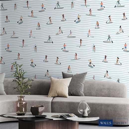 Paddle Boarding Wallpaper, Coastal Ocean Pattern With SUP Surfers - Etsy