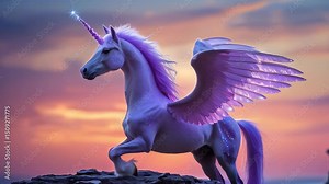 video of A violet pegasus unicorn stands gracefully atop a cliff, soaring far above the clouds in a magical, elevated setting