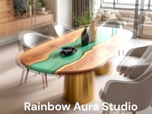 Luxury Oval Teal Resin Epoxy Meeting Table | Artisan-Made Epoxy Teal Green With Wood Epoxy Dining Table | Handcrafted Modern Home Table