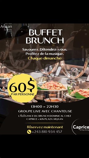 ✨ Le rendez-vous incontournable chaque DIMANCHE à Kinshasa ✨ Offrez-vous une expérience brunch d’exception chez Caprice – Kin Plaza Arjaan 🥂 Un buffet généreux et raffiné, une ambiance élégante, et la magie d’un groupe live avec chanteuse pour sublimer votre après-midi et votre soirée 🎶 🕐 De 13h00 à 22h30 💵 60$ par personne Entre saveurs exquises, musique envoûtante et cadre prestigieux, vivez un dimanche où tout est pensé pour votre plaisir. 📍 CAPRICE - Kin Plaza Arjaan 📞 Réservez dès mai