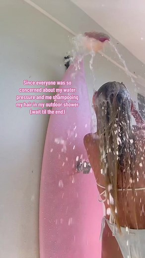 Outdoor Shower Fun with Seashell and Surfboard | Beach House Vibes