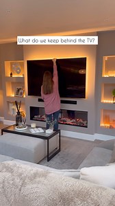 What do we keep behind the TV?! ⬇️ We have 8 power sockets, 4 cat6, Sky cables and TV Aerial. The fire, lighting and soundbar all plug in here. As well as the TV. And then power for the Sky Stream Box and Philips Hue Bridge and Sync Boxes. We use the cat 6 for the TV, soundbar and Philips Hue Bridge. We don’t use the Sky cables anymore as we have Sky Stream and we don’t use the TV Aerial either. The cables for the soundbar run through a hole that was made for them. The TV and soundbar are both o