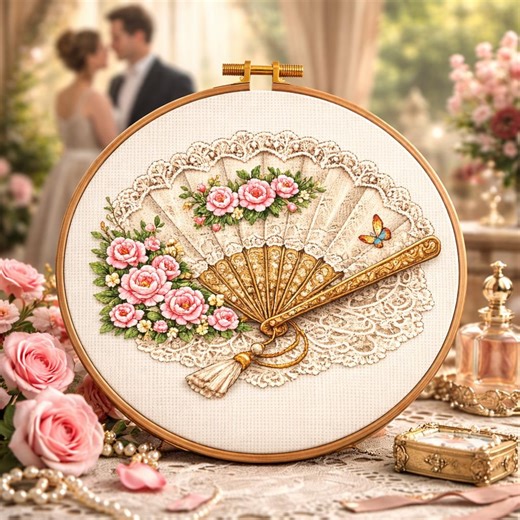 Regency Fan Cross Stitch Pattern – Floral Lace Design (PDF Download) - Etsy