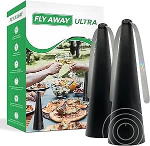 Fly Away Ultra - 2 Pack Rechargeable Outdoor Fly Fans for Tables with Ultrasound, Outdoor or Indoor Tabletop use, Restaurant, Barbeque, Events, Deter Flies, Wasps, Bees, Moscas and Bugs, Hanging Hook.
