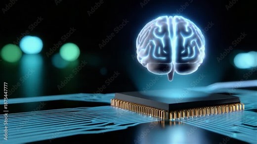 A Fascinating Visualization of Artificial Intelligence: An Ethereal Brain Suspended Above a Computer Microchip, Signifying the Fusion of Human-Like Intelligence with Modern Technology for Future