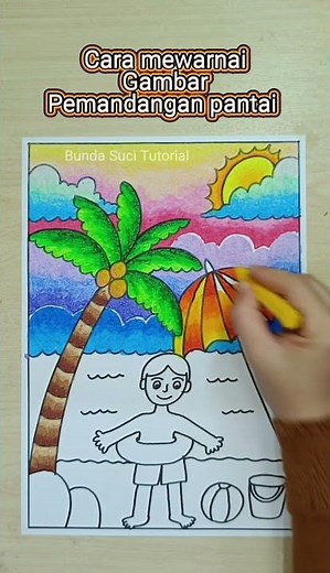 How to color a beach scenery / cara mewarnai gambar pemandangan pantai #howtodraw #art #bundasuci
