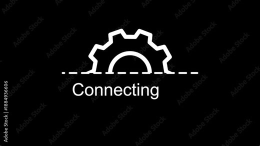Connecting gear icon animation on black background, system connection progress indicator, technology network setup