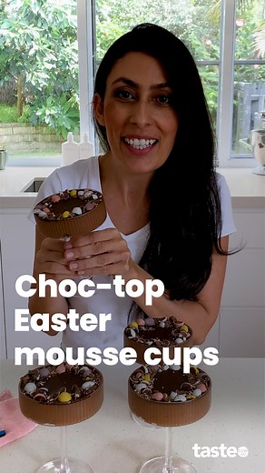 Our 3-ingredient chocolate mousse cups with a crackable choc-top is the perfect Easter make-ahead dessert. For the recipe, search taste.com.au 'Choc-top Easter mousse cups'. | Taste.com.au