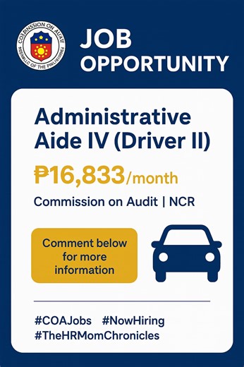 🌟 JOB OPPORTUNITY FOR DRIVERS 🌟 COMMISSION ON AUDIT | NCR 📍 Place of Assignment: Administrative Services (AS) 📝 Position Title: Administrative Aide IV (Driver II) 📌 Plantilla Item No.: COAA-ADA4-493-2021 💼 Salary/Job/Pay Grade: 4 📌 Comment below for more information. #COAJobs #NowHiring #JobOpportunity #TheHRMomChronicles | HR Ash Government Jobs Ph