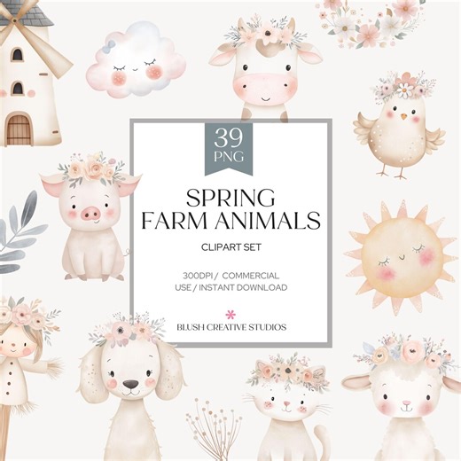 Springtime Farm Animal Clipart Set, Watercolor Baby Farm Animals PNG, Cute Pastel Nursery, Baby Shower Graphics, Commercial Use - Etsy