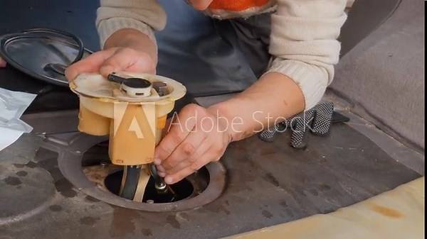 Car mechanic carefully replacing and installing a brand new fuel pump module into the gas tank of a modern vehicle during a maintenance and repair service at an auto garage workshop