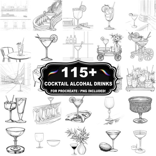 115+ Cocktail Drinks Stamps for Procreate, Bar Beverage Brush Set, Instant Download PNG Included - Etsy